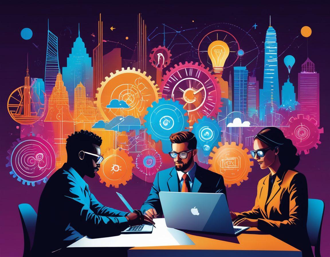 A dynamic collage showcasing diverse members of the Zeekler Community engaged in innovative discussions, using modern technology tools like laptops, smartphones, and virtual reality headsets. Include elements symbolizing collaboration, such as gears and light bulbs, intertwined with trend graphs and social media icons. The background should feature a vibrant city skyline representing innovation and growth. colorful and modern. vector art.