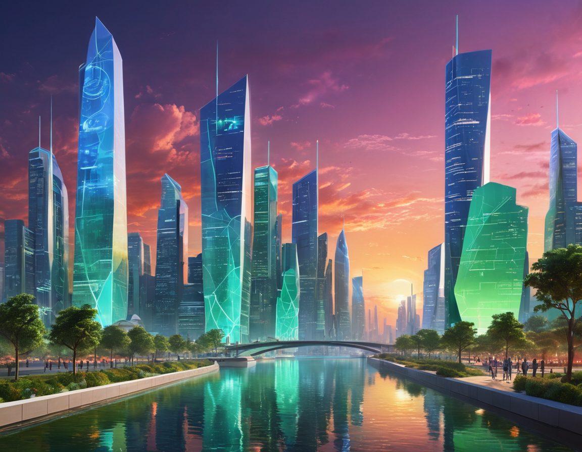 A futuristic landscape showcasing advanced technology and innovative solutions symbolizing Zeekler's potential. Include sleek digital interfaces, vibrant green energy sources, and interconnected cityscapes. Incorporate diverse individuals collaborating over holographic displays to represent community and teamwork. The background should be a bright, optimistic skyline at dawn. vibrant colors. super-realistic.