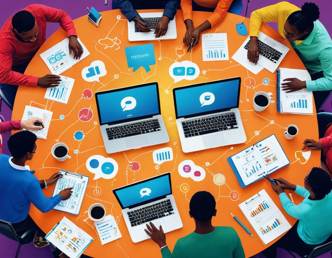 A vibrant and engaging illustration showing diverse individuals collaborating with laptops and notebooks, surrounded by essential tools like charts, guides, and tech gadgets. Include elements symbolizing internet connectivity and a thriving community, such as speech bubbles and network icons. The background should feature a bright community theme, emphasizing support and resource-sharing. super-realistic. vibrant colors. 3D.
